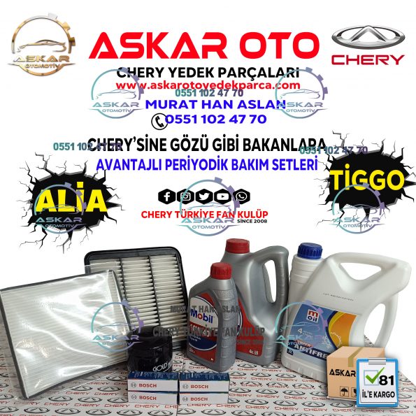 ANTIFIRIZLI MOBIL TIGGO Askar Oto Yedek Parça CHERY TİGGO PERİYODİK BAKIM SETİ <ul> <li>HAVA FİLTRESİ</li> <li>YAĞ FİLTRESİ</li> <li>POLEN FİLTRESİ</li> <li>BUJİ TAKIMI (BOSCH)</li> <li>MOBİL 10/40 MOTOR YAĞI 5 LİTRE</li> <li>ANTİFİRİZ -56</li> </ul>