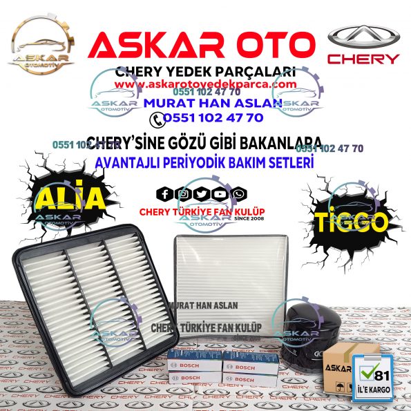 BUJILI FILTRE TIGGO Askar Oto Yedek Parça CHERY TİGGO PERİYODİK BAKIM SETİ <ul> <li>HAVA FİLTRESİ</li> <li>YAĞ FİLTRESİ</li> <li>POLEN FİLTRESİ</li> <li>BUJİ TAKIMI (BOSCH)</li> </ul>