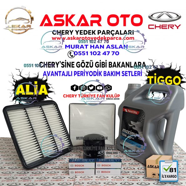 BUJILI TIGGO PETROL OFISI Askar Oto Yedek Parça CHERY TİGGO PERİYODİK BAKIM SETİ <ul> <li>HAVA FİLTRESİ</li> <li>YAĞ FİLTRESİ</li> <li>POLEN FİLTRESİ</li> <li>BUJİ TAKIMI (BOSCH)</li> <li>PETROL OFİSİ 10/40 MOTOR YAĞI 5 LİTRE</li> </ul> NOT: İSTENİLEN PAKETE EKLENİR ANTİFİRİZ -56