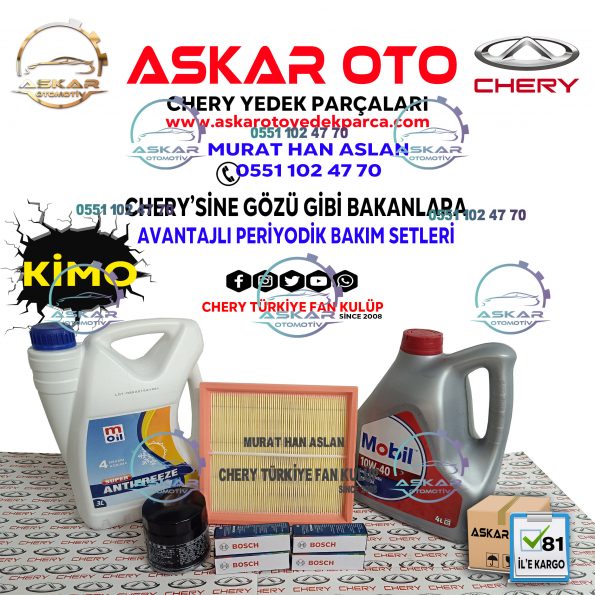 KIMO ANTIFIRIZLI MOBIL Askar Oto Yedek Parça CHERY TİGGO PERİYODİK BAKIM SETİ <ul> <li>HAVA FİLTRESİ</li> <li>YAĞ FİLTRESİ</li> <li>BUJİ TAKIMI (BOSCH)</li> <li>MOBİL 10/40 MOTOR YAĞI 4 LİTRE</li> </ul> NOT: İSTENİLEN PAKETE EKLENİR ANTİFİRİZ -56