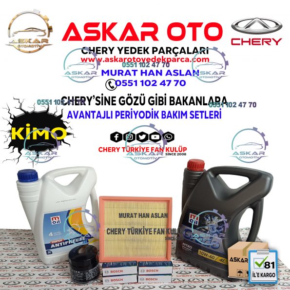 KIMO MOIL ANTIFIRIZLI Askar Oto Yedek Parça CHERY TİGGO PERİYODİK BAKIM SETİ <ul> <li>HAVA FİLTRESİ</li> <li>YAĞ FİLTRESİ</li> <li>BUJİ TAKIMI (BOSCH)</li> <li>MOİL 10/40 MOTOR YAĞI 4 LİTRE</li> </ul> NOT: İSTENİLEN PAKETE EKLENİR ANTİFİRİZ -56