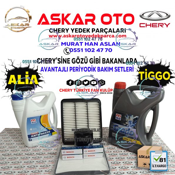 MOIL ANTIFIRIZLI Askar Oto Yedek Parça CHERY TİGGO PERİYODİK BAKIM SETİ <ul> <li>HAVA FİLTRESİ</li> <li>YAĞ FİLTRESİ</li> <li>POLEN FİLTRESİ</li> <li>BUJİ TAKIMI (BOSCH)</li> <li>MOİL 10/40 MOTOR YAĞI 5 LİTRE</li> </ul> NOT: İSTENİLEN PAKETE EKLENİR ANTİFİRİZ -56